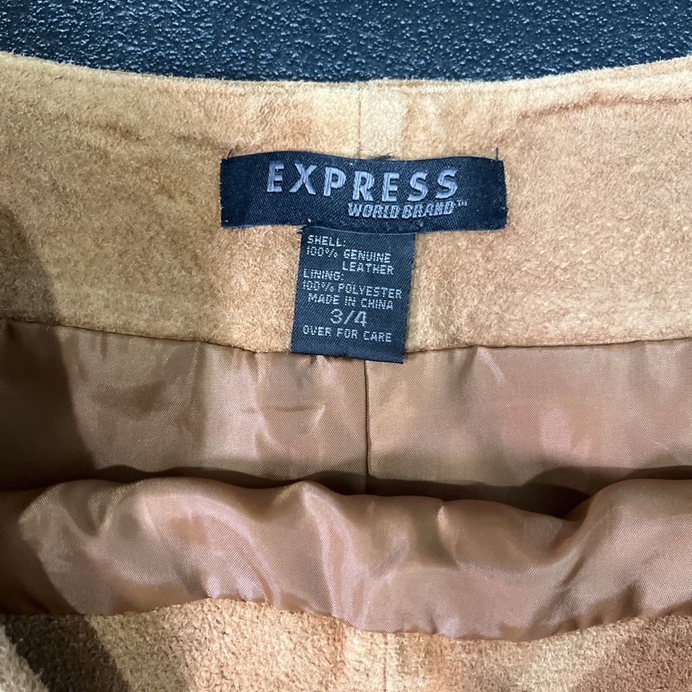 Express Skirt Womens 3/4 Tan Genuine Leather Suede A-Line Mini Vintage 90s Style - Picture 3 of 7